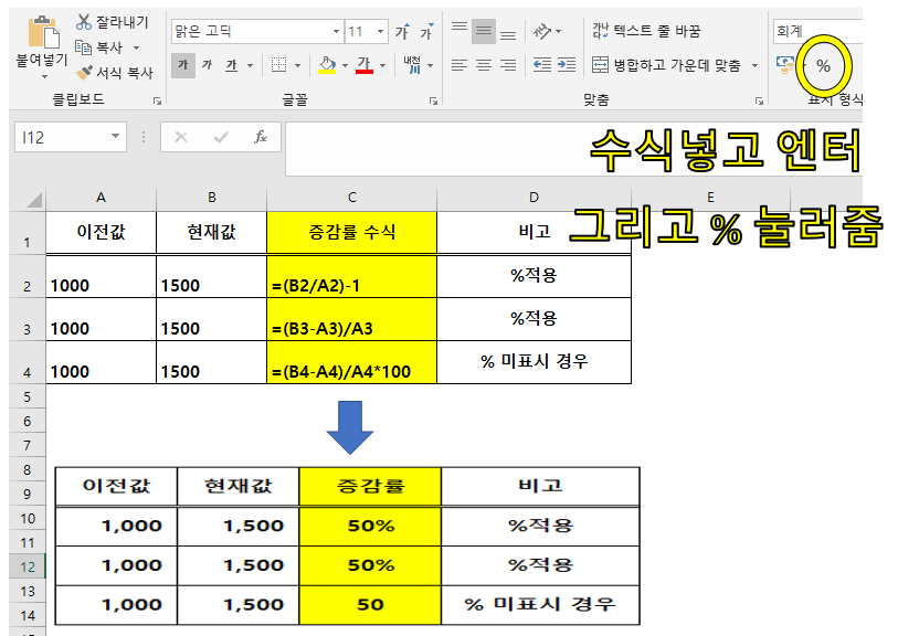 엑셀 증감률 계산